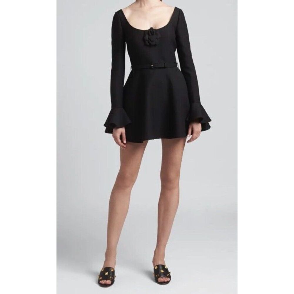 Valentino Black Long-Sleeve Mini Dress with Ruffled Cuffs